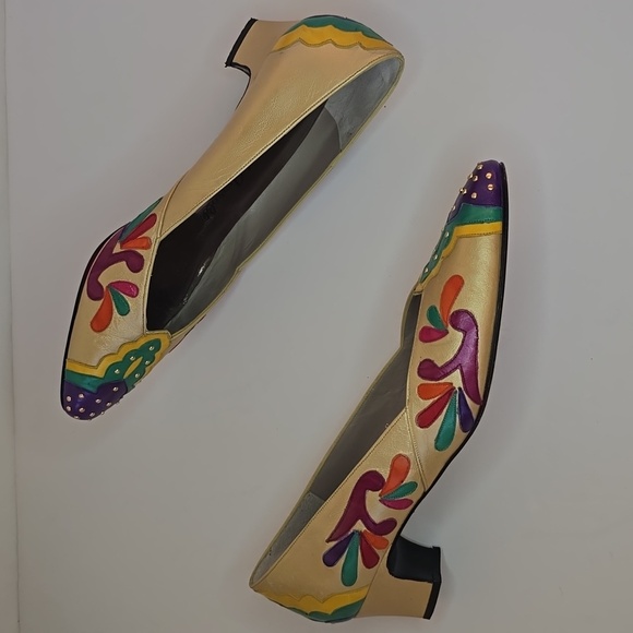 Vintage 1980's Margaret Jerrold Leather Pumps Gold-Multi Artsy Deco - Picture 4 of 10